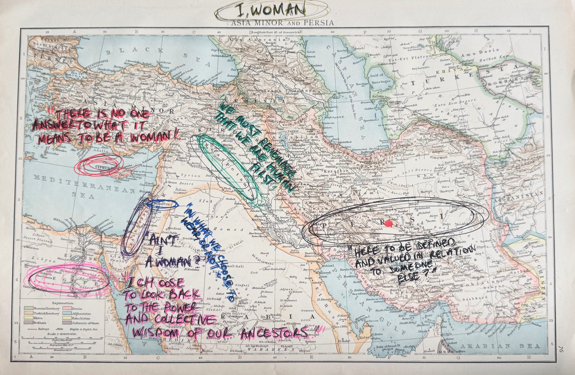 Antique 1899 atlas map of Asia Minor and Persia overlaid with handwritten text: I, Woman, with six places circled and answered in lines from a manifesto for women